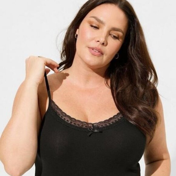 torrid Tops - Torrid - Cotton Modal Rib Lace V-Neck Cami in Deep Black​​​​​​
